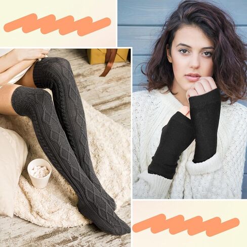 3 Sets Leg Warmers and Arm Warmers Women Knitted Knee High Socks Cable Knitted Fingerless Gloves over The Knee Long Boot Stocking for Women Girls Winter Cold Weather in Saudi Arabia
