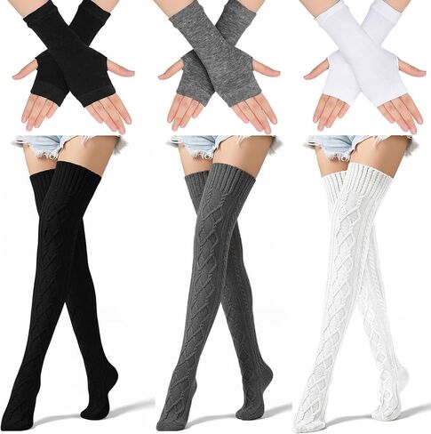 3 Sets Leg Warmers and Arm Warmers Women Knitted Knee High Socks Cable Knitted Fingerless Gloves over The Knee Long Boot Stocking for Women Girls Winter Cold Weather in Saudi Arabia