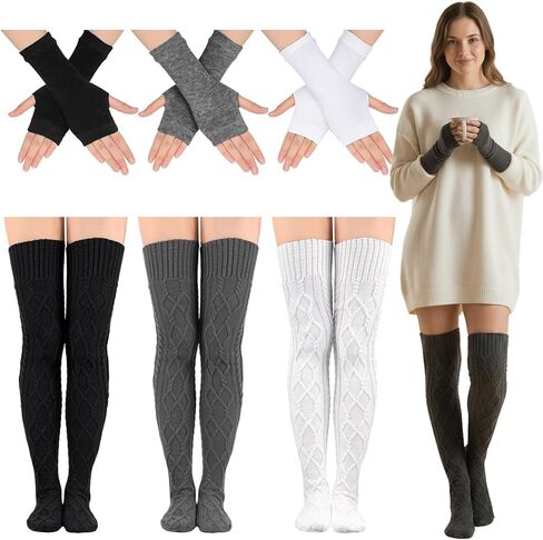 3 Sets Leg Warmers and Arm Warmers Women Knitted Knee High Socks Cable Knitted Fingerless Gloves over The Knee Long Boot Stocking for Women Girls Winter Cold Weather in Saudi Arabia