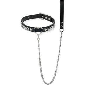 مجموعة طوق ومقود من الجلد على شكل قلب أسود على شكل حرف O، قلادة قلادة قوطي قابلة للتعديل مع حروف من أحجار الراين 96.5 سم مقود سلسلة ألومنيوم متين in Kuwait