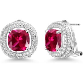 Gem Stone King 11.80 Cttw Red مكون من الياقوت الأبيض والمويسانتي الأبيض أقراط مشبكية للنساء | 925 فضة استرلينية | وسادة 10 ملم in Kuwait