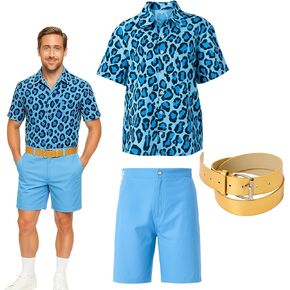 3 Pcs Halloween Men Costume Set Blue Tropical Shirt and Shorts with Gold Roller Buckle Belt for Movie Party in Saudi Arabia