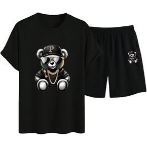 Men's Track Suits 2 Piece Set Short Sleeve Bear Graphic T-shirts and Running Shorts Gym Clothes in Saudi Arabia