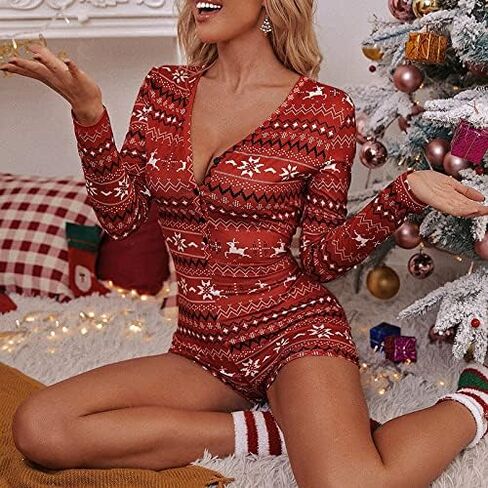 Womens Christmas Romper Pajamas One Piece Bodysuit Bodycon Jumpsuit Shorts Sexy One Piece Pjs Overall Pjs Playsuit in Saudi Arabia
