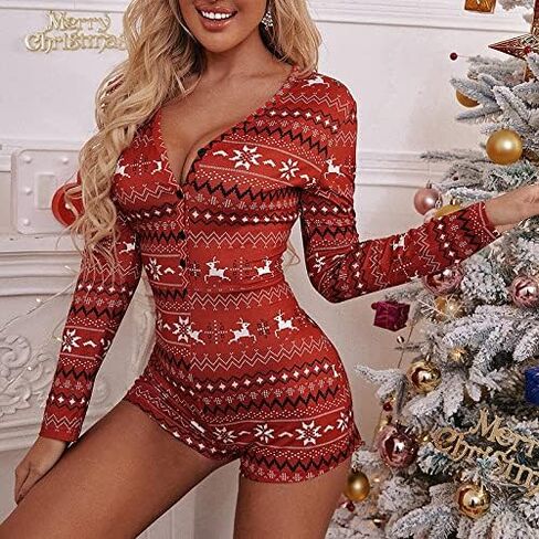 Womens Christmas Romper Pajamas One Piece Bodysuit Bodycon Jumpsuit Shorts Sexy One Piece Pjs Overall Pjs Playsuit in Saudi Arabia