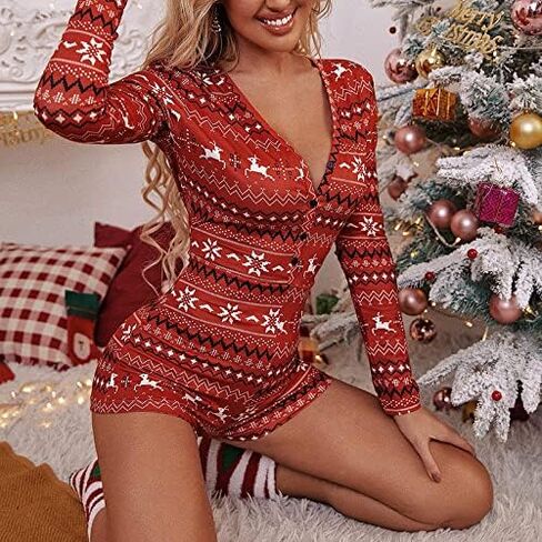 Womens Christmas Romper Pajamas One Piece Bodysuit Bodycon Jumpsuit Shorts Sexy One Piece Pjs Overall Pjs Playsuit in Saudi Arabia