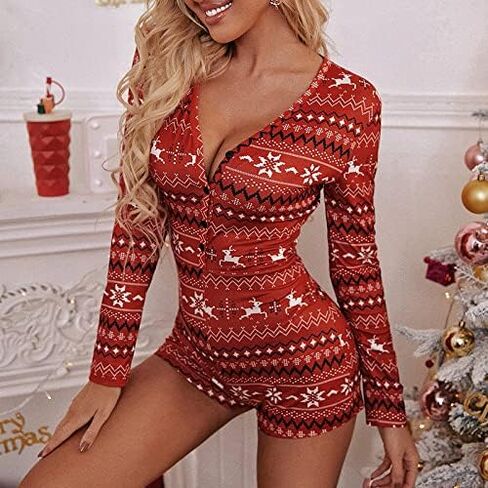 Womens Christmas Romper Pajamas One Piece Bodysuit Bodycon Jumpsuit Shorts Sexy One Piece Pjs Overall Pjs Playsuit in Saudi Arabia