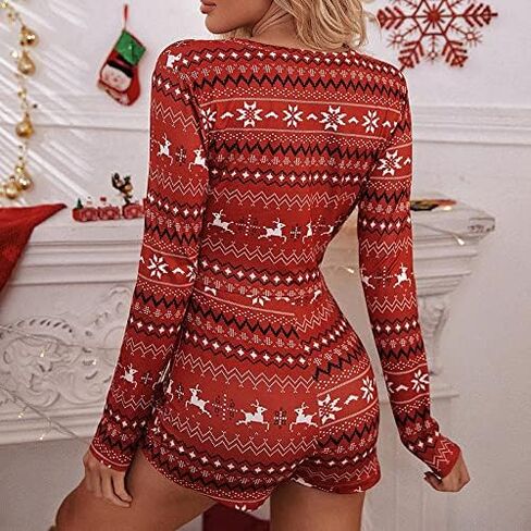 Womens Christmas Romper Pajamas One Piece Bodysuit Bodycon Jumpsuit Shorts Sexy One Piece Pjs Overall Pjs Playsuit in Saudi Arabia