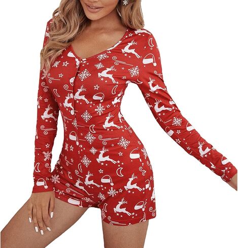 Womens Christmas Romper Pajamas One Piece Bodysuit Bodycon Jumpsuit Shorts Sexy One Piece Pjs Overall Pjs Playsuit in Saudi Arabia