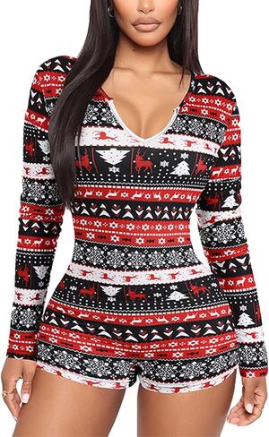 Women Christmas Jumpsuits Pajamas Long Sleeve Deep V Neck Sexy Xmas One Piece Pjs Bodysuit Loungewear Sleepwear in Saudi Arabia