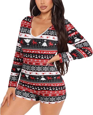 Women Christmas Jumpsuits Pajamas Long Sleeve Deep V Neck Sexy Xmas One Piece Pjs Bodysuit Loungewear Sleepwear in Saudi Arabia