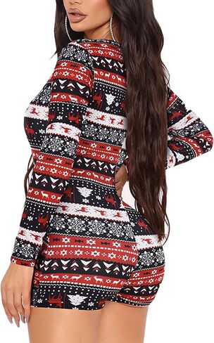 Women Christmas Jumpsuits Pajamas Long Sleeve Deep V Neck Sexy Xmas One Piece Pjs Bodysuit Loungewear Sleepwear in Saudi Arabia