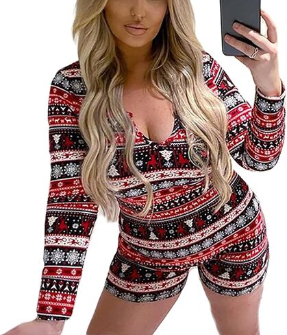 Women Christmas Jumpsuits Pajamas Long Sleeve Deep V Neck Sexy Xmas One Piece Pjs Bodysuit Loungewear Sleepwear in Saudi Arabia