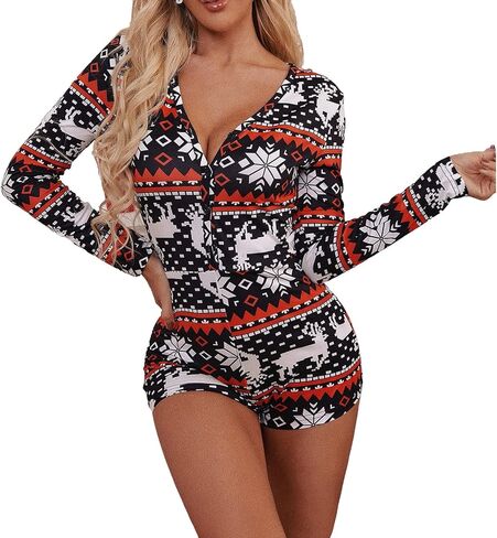 Women Christmas Jumpsuits Pajamas Long Sleeve Deep V Neck Sexy Xmas One Piece Pjs Bodysuit Loungewear Sleepwear in Saudi Arabia