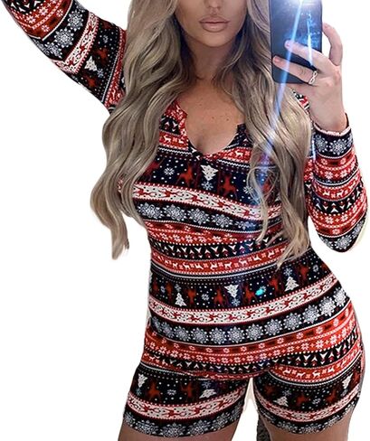 Women Christmas Jumpsuits Pajamas Long Sleeve Deep V Neck Sexy Xmas One Piece Pjs Bodysuit Loungewear Sleepwear in Saudi Arabia
