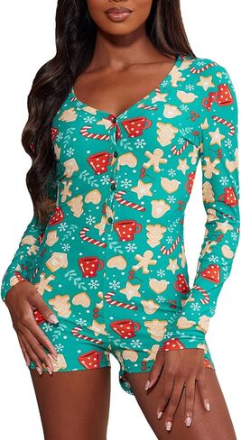 Women Christmas Jumpsuits Pajamas Long Sleeve Deep V Neck Sexy Xmas One Piece Pjs Bodysuit Loungewear Sleepwear in Saudi Arabia