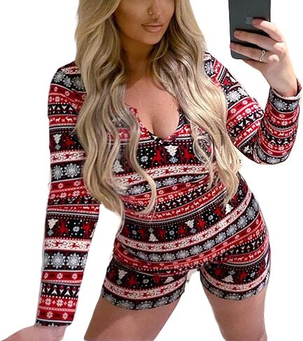 Women Christmas Jumpsuits Pajamas Long Sleeve Deep V Neck Sexy Xmas One Piece Pjs Bodysuit Loungewear Sleepwear in Saudi Arabia