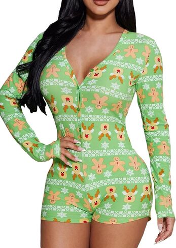 Women Christmas Jumpsuits Pajamas Long Sleeve Deep V Neck Sexy Xmas One Piece Pjs Bodysuit Loungewear Sleepwear in Saudi Arabia