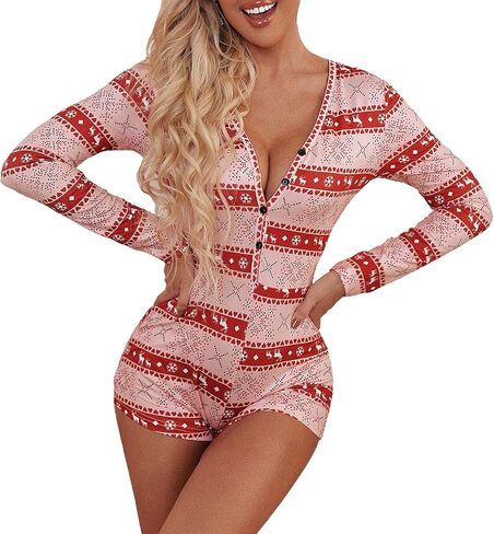 Women Christmas Jumpsuits Pajamas Long Sleeve Deep V Neck Sexy Xmas One Piece Pjs Bodysuit Loungewear Sleepwear in Saudi Arabia