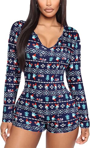 Women Christmas Jumpsuits Pajamas Long Sleeve Deep V Neck Sexy Xmas One Piece Pjs Bodysuit Loungewear Sleepwear in Saudi Arabia