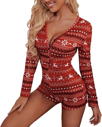 Women Christmas Jumpsuits Pajamas Long Sleeve Deep V Neck Sexy Xmas One Piece Pjs Bodysuit Loungewear Sleepwear in Saudi Arabia