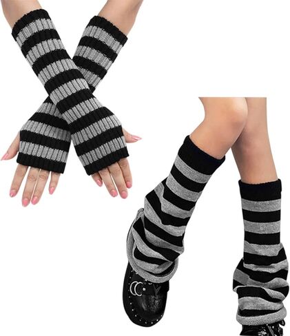 مجموعة تدفئة الساق والذراع المخططة للنساء - إكسسوارات نمط Y2K Goth Harajuku المحبوكة للحفلات التنكرية in Saudi Arabia