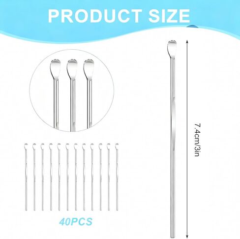 40 قطعة ملعقة الأذن الفولاذ المقاوم للصدأ الأذن الشمع مغرفة 3 ''قابلة لإعادة الاستخدام خلال أذني الأذن مكشطة معدنية الأذن نظافة آمنة أدوات إزالة شمع الأذن in Kuwait