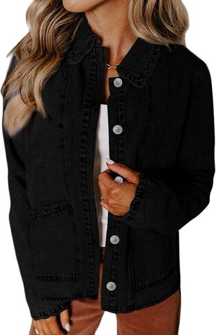 Sidefeel Women's Jean Jacket Long Sleeve Button Down Ruffled Denim Jacket Shacket in Saudi Arabia