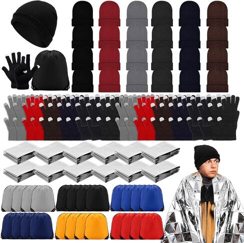 Geyoga Homeless Care Package Supplies Bulk Winter Beanies Warm Touchscreen Gloves Blankets Drawstring Bags in Saudi Arabia