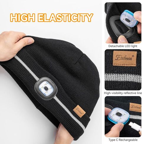 Etsfmoa Reflective Stripe Hat with Light,Fleece Lined Beanie for Men and Women,Type-c Rechargeable High Visibility LED Cap in Saudi Arabia