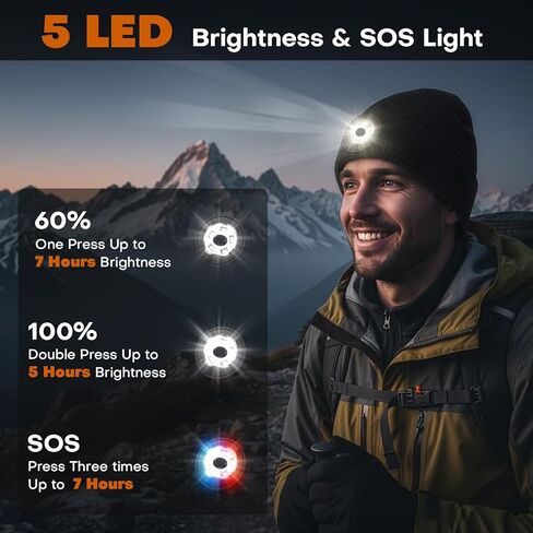 Beanie with Light, Unisex USB-C Rechargeable Headlamp Beanie Flashlight Beanie Hat for Men Women 5 LED Super Brightness Black in Saudi Arabia