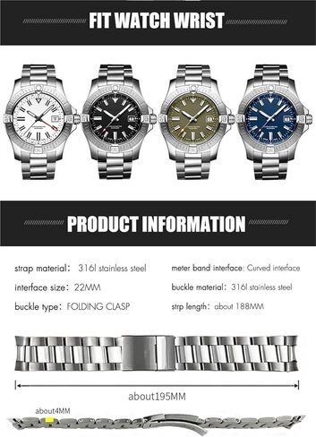 سوار ساعة صلب من الفولاذ المقاوم للصدأ بطرف منحني 22 مم، لأساور حزام ساعة بريتلينغ أفينجر الفضية in Kuwait