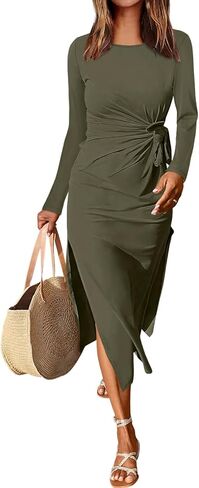 ANRABESS Womens 2026 Spring Long Sleeve Maxi Dress Crewneck Tie Waist Slit Casual Long T Shirt Dresses Winter Trendy Outfits in Kuwait