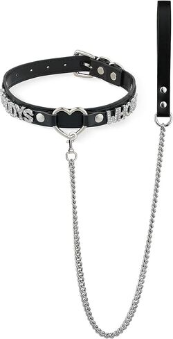 مجموعة طوق ومقود من الجلد على شكل قلب أسود على شكل حرف O، قلادة قلادة قوطي قابلة للتعديل مع حروف من أحجار الراين 96.5 سم مقود سلسلة ألومنيوم متين in Kuwait