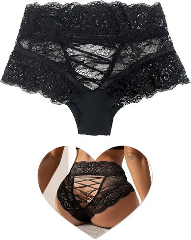 ohmydear Womens Lace Boyshorts Sexy Panties Crisscross Strappy Underwear High Waisted Soft Briefs XS-4XL in Saudi Arabia