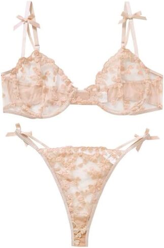 Women’s Black Lace Lingerie Set - Sexy Bra & Panty with Bow Details, Sheer Floral Design in Saudi Arabia