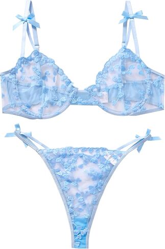 Women’s Black Lace Lingerie Set - Sexy Bra & Panty with Bow Details, Sheer Floral Design in Saudi Arabia
