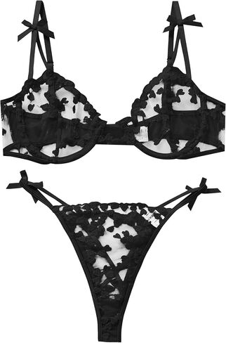 Women’s Black Lace Lingerie Set - Sexy Bra & Panty with Bow Details, Sheer Floral Design in Saudi Arabia