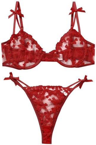 Women’s Black Lace Lingerie Set - Sexy Bra & Panty with Bow Details, Sheer Floral Design in Saudi Arabia