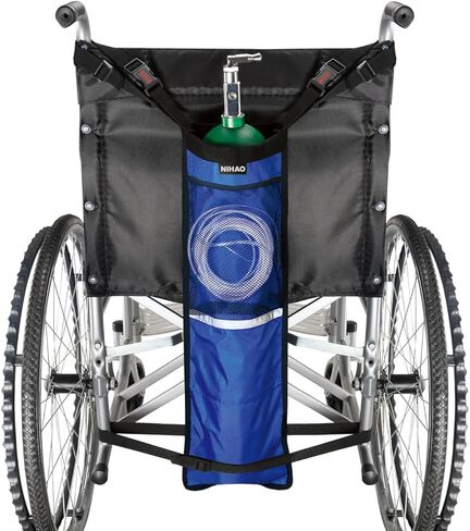 NIHAO Oxygen Tank Holder for Wheelchiars, Oxygen Cylinder Bag with Adjustable Zippers and Mesh Storage Pockets, Portable Wheelchair Attachment for Oxygen Fits Most Oxygen Cylinders, Blue in Saudi Arabia