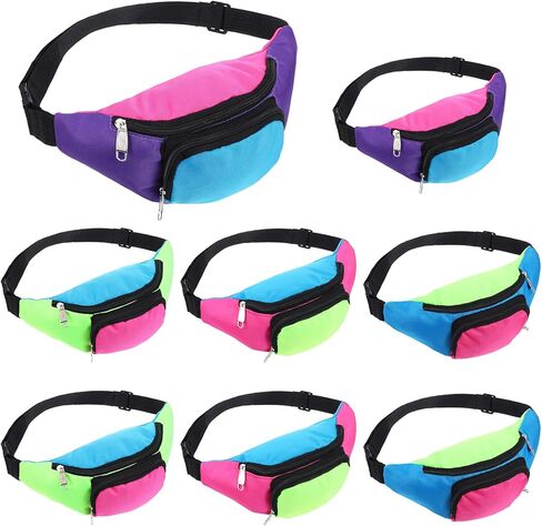8 PCS Neon Fanny Pack, 2 Pockets Retro Belt Bag 80s 90s Vintage Waist Packs Adjustable Oxford Cloth Waist Bags for Women Men Traveling Jogging Halloween Party Holiday Festival Costumes in Saudi Arabia