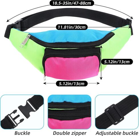 8 PCS Neon Fanny Pack, 2 Pockets Retro Belt Bag 80s 90s Vintage Waist Packs Adjustable Oxford Cloth Waist Bags for Women Men Traveling Jogging Halloween Party Holiday Festival Costumes in Saudi Arabia