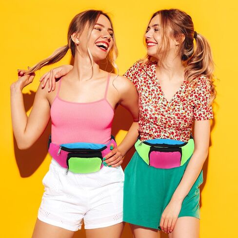 8 PCS Neon Fanny Pack, 2 Pockets Retro Belt Bag 80s 90s Vintage Waist Packs Adjustable Oxford Cloth Waist Bags for Women Men Traveling Jogging Halloween Party Holiday Festival Costumes in Saudi Arabia