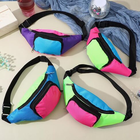 8 PCS Neon Fanny Pack, 2 Pockets Retro Belt Bag 80s 90s Vintage Waist Packs Adjustable Oxford Cloth Waist Bags for Women Men Traveling Jogging Halloween Party Holiday Festival Costumes in Saudi Arabia