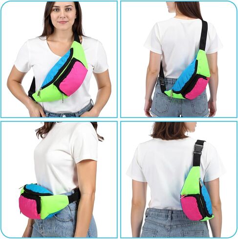 8 PCS Neon Fanny Pack, 2 Pockets Retro Belt Bag 80s 90s Vintage Waist Packs Adjustable Oxford Cloth Waist Bags for Women Men Traveling Jogging Halloween Party Holiday Festival Costumes in Saudi Arabia