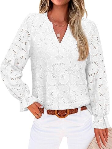 RUMIA Womens Blouses V Neck Eyelet Lace Tops with Lining Dressy Sheer Long Sleeve Shirts Embroidered Blouses 2025 Fashion in Saudi Arabia