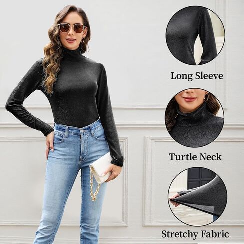 Sparkly Tops for Women, Turtleneck Long Sleeve Slim Fit Glitter Tee Blouse Tops in Saudi Arabia