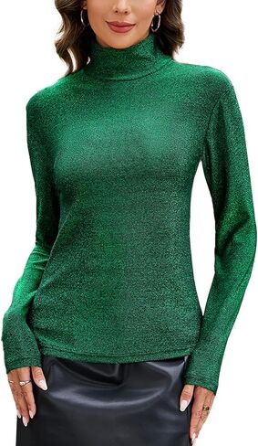 Sparkly Tops for Women, Turtleneck Long Sleeve Slim Fit Glitter Tee Blouse Tops in Saudi Arabia