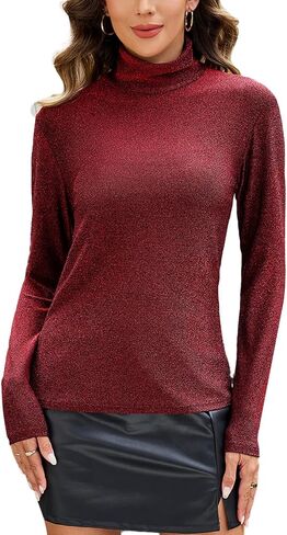Sparkly Tops for Women, Turtleneck Long Sleeve Slim Fit Glitter Tee Blouse Tops in Saudi Arabia