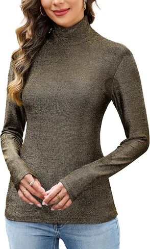 Sparkly Tops for Women, Turtleneck Long Sleeve Slim Fit Glitter Tee Blouse Tops in Saudi Arabia